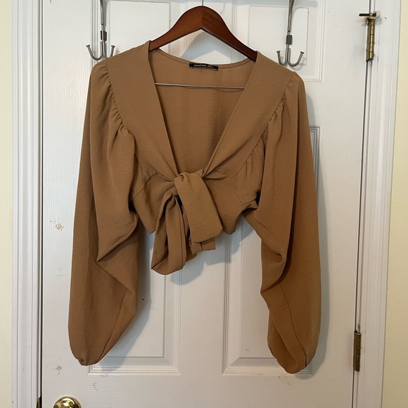 Boohoo Tops - Boohoo Woven Tie Front Oversized Sleeve Crop Top